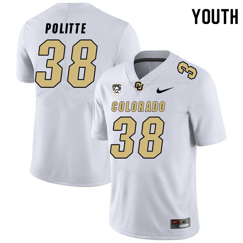Youth #38 Jacob Politte Colorado Buffaloes College Football Jerseys Stitched Sale-White - Click Image to Close